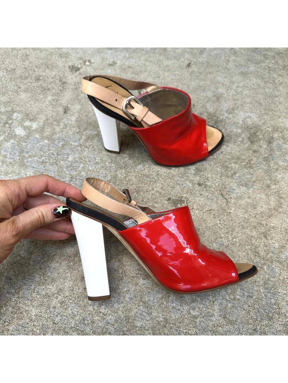 Giuseppe Zanotti IT 35 Colorblock Patent Slingback Sandals Architectural Heel